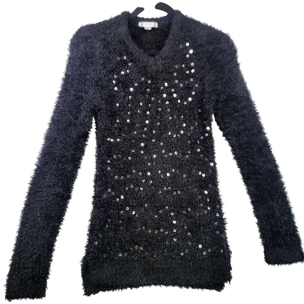 Piper Girls Sweater L 10-12 Black Sequins Shag Fuzzy Long Sleeve Knit V Neck